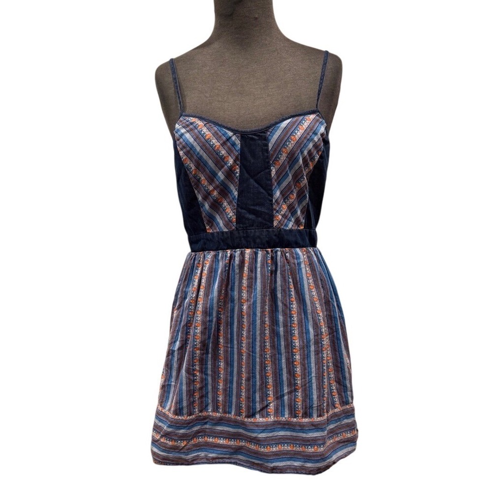 Love Reign Cotton Blue Denim Striped Mini Dress Boho Sun Dress Size M 17879J60A4